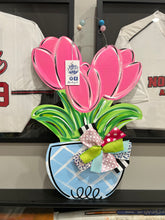 Load image into Gallery viewer, Yellow tulips in blue and white pot door hanger