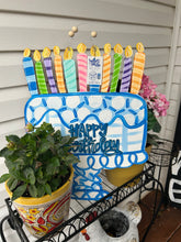 Load image into Gallery viewer, Blue and white Birthday cake door hanger 22”