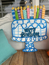 Load image into Gallery viewer, Blue and white Birthday cake door hanger 22”