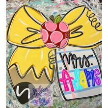 Load image into Gallery viewer, Teacher Bow door hanger, with apple attachment