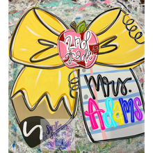 Load image into Gallery viewer, Teacher Bow door hanger, with apple attachment