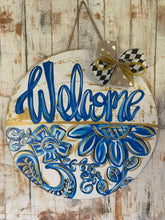 Load image into Gallery viewer, Blues and gold personalized door hanger