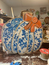 Load image into Gallery viewer, Chinoiserie (blue and white) pumpkin with orange bow, door hanger, 18”
