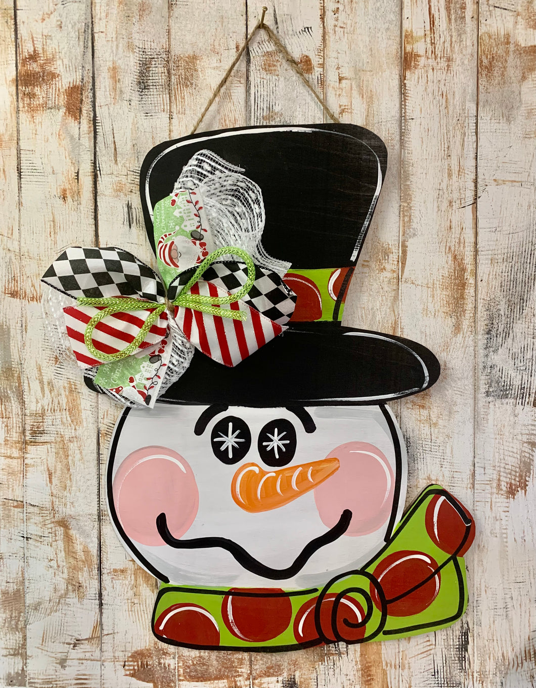 Snowman door hanger, lime and red scarf