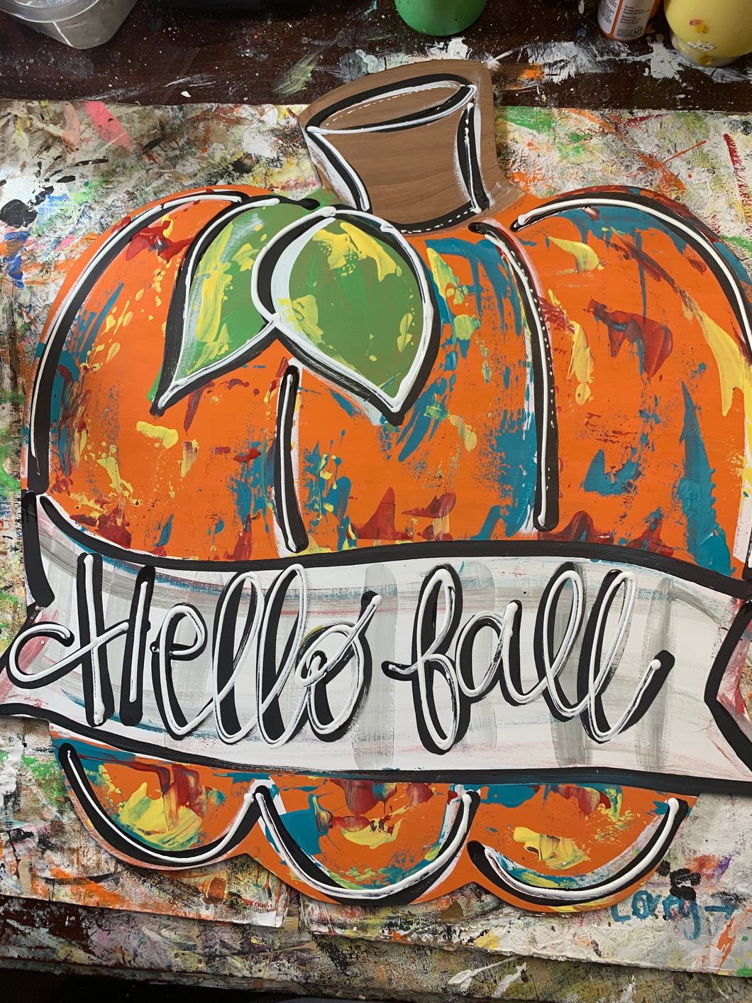 Hello Fall personalized colorful pumpkin, door hanger, 18”