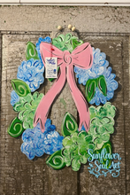 Load image into Gallery viewer, Hydrangea wreath door Hanger with bow, hand painted
