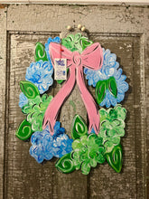 Load image into Gallery viewer, Hydrangea wreath door Hanger with bow, hand painted
