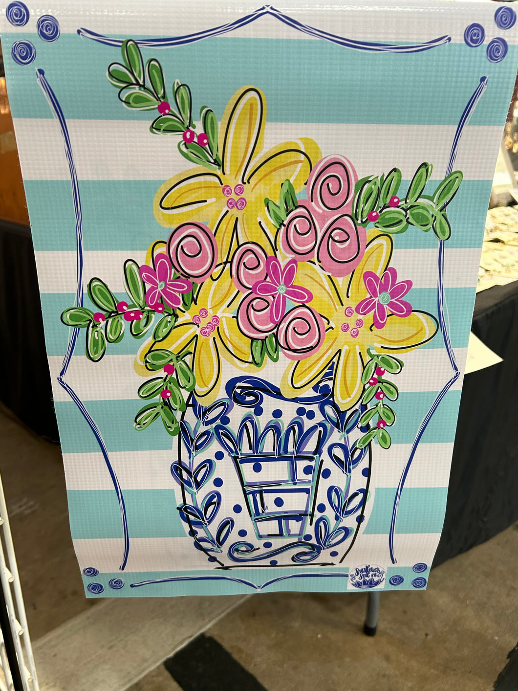 Blue and white floral garden flag