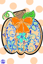 Load image into Gallery viewer, Chinoiserie Pumpking garden flag with orange bow.
