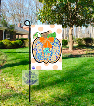 Load image into Gallery viewer, Chinoiserie Pumpking garden flag with orange bow.
