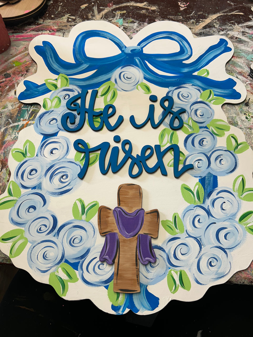 He is Risen 3D Door hanger with flowers and cross