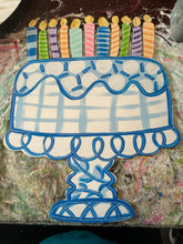 Load image into Gallery viewer, Blue and white Birthday cake door hanger 22”
