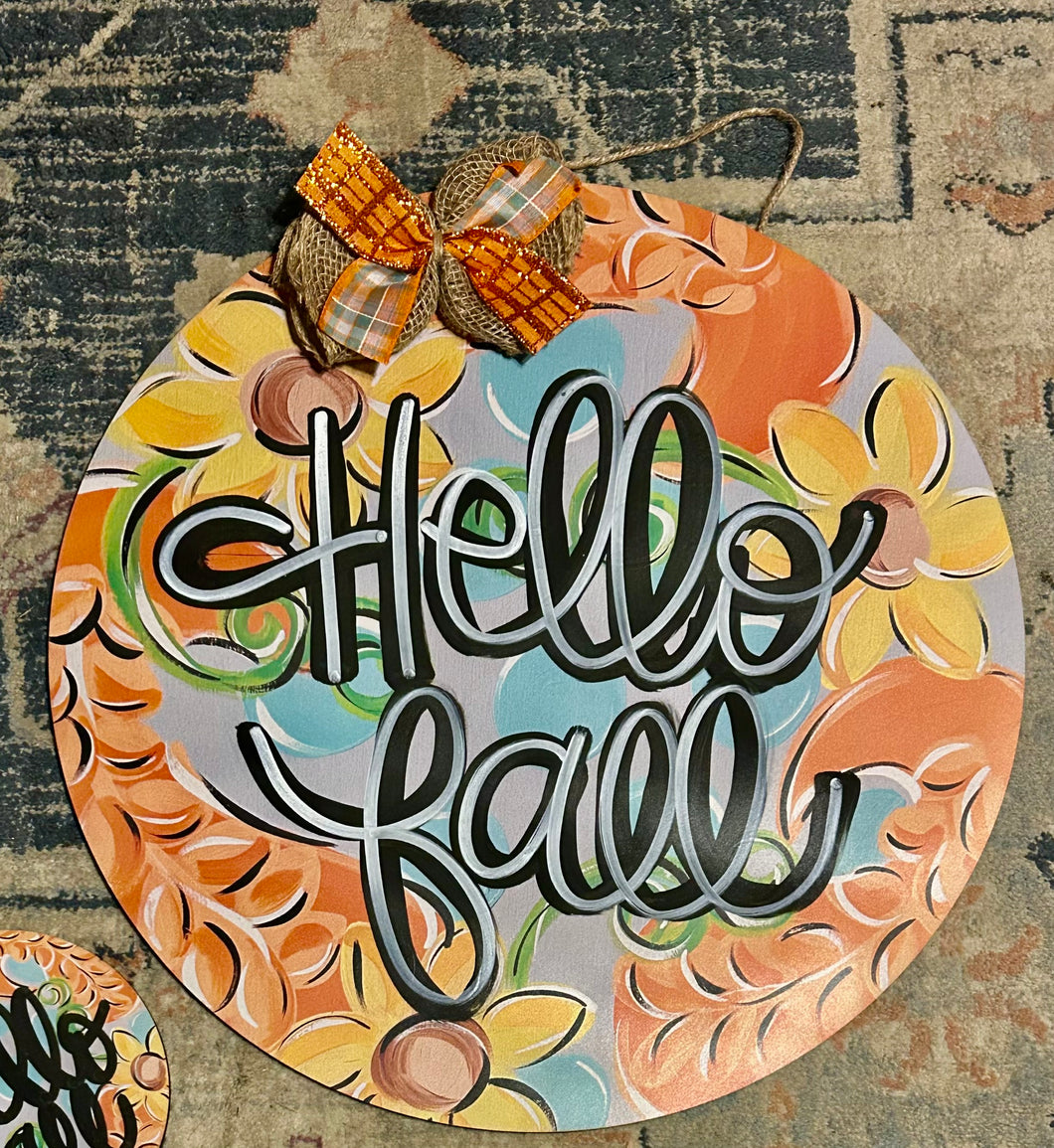 Hello Fall on 18” round door hanger