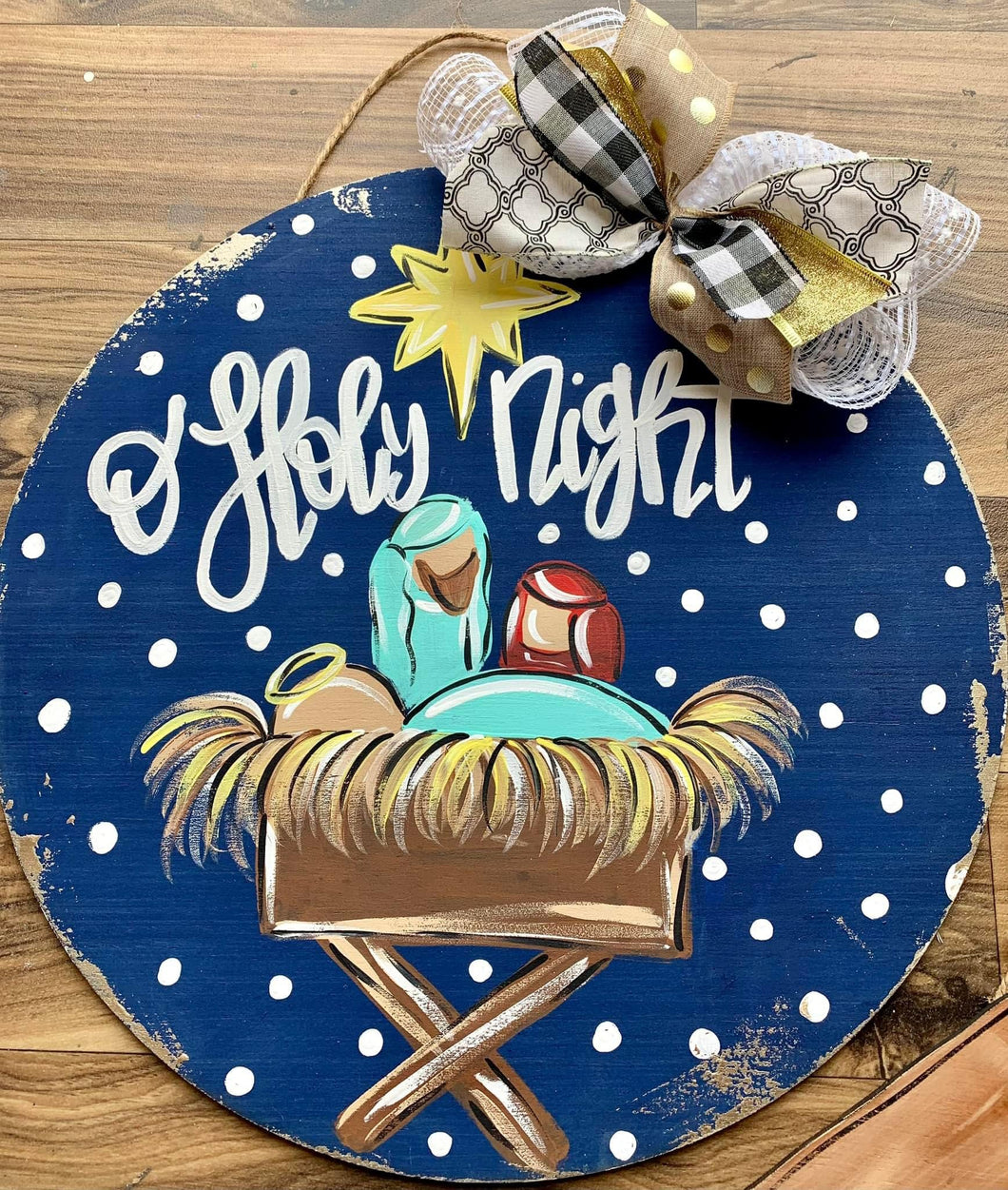 O Holy Night round with North Star door hanger, nativity 20”