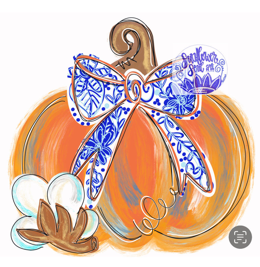Pumpkin with Chinoiserie bow and cotton boll