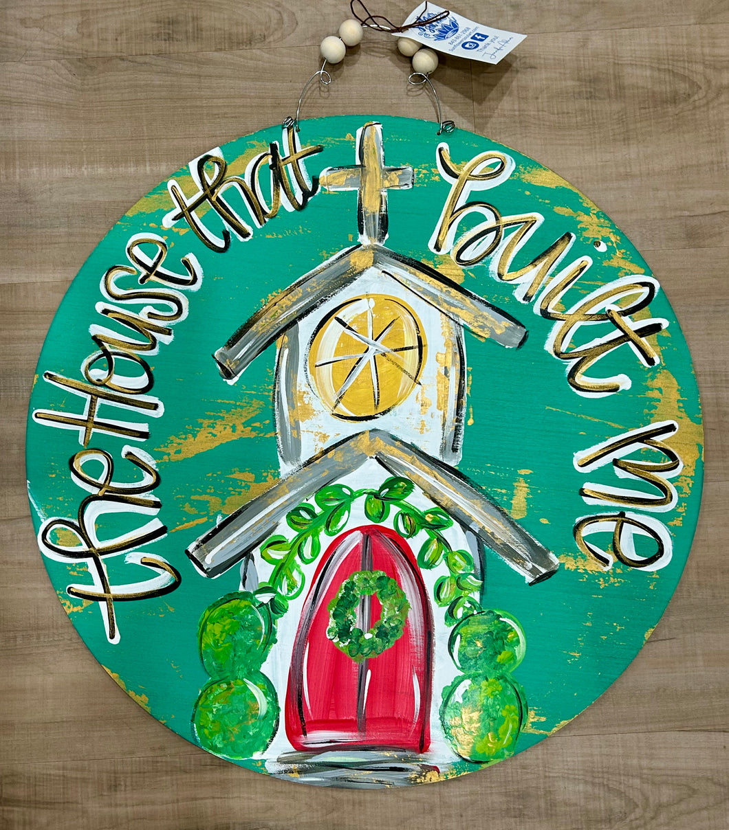 Turquoise with gold accents, church door hanger, with lyric