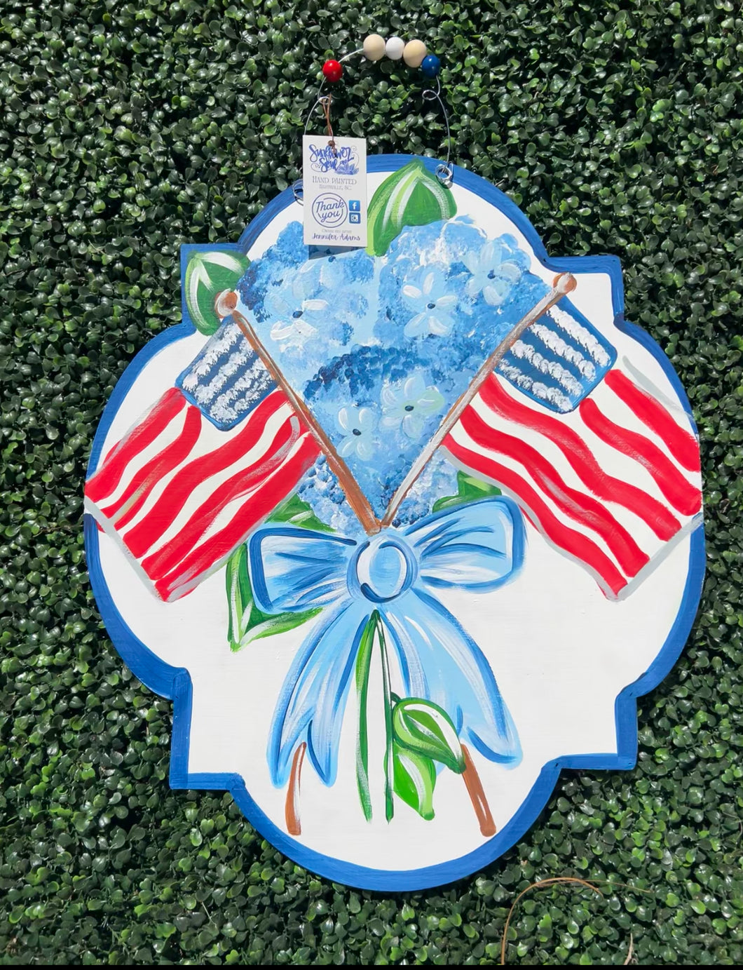 Patriotic door hanger with hydrangea coquette, preppy