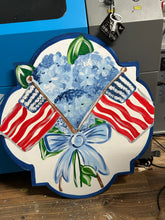 Load image into Gallery viewer, Patriotic door hanger with hydrangea coquette, preppy
