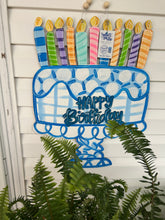 Load image into Gallery viewer, Blue and white Birthday cake door hanger 22”

