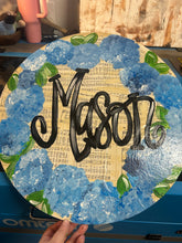 Load image into Gallery viewer, Personalized Hydrangea on old hymn sheets, door hanger
