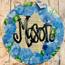Load image into Gallery viewer, Personalized Hydrangea on old hymn sheets, door hanger
