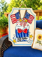 Load image into Gallery viewer, Patriotic Cupcake Door Hanger, America 250 Years Door Sign, Fourth of July Front Door Decor, USA Flag Wooden Door Hanger, Independence Day Decor
