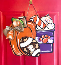 Load image into Gallery viewer, Pumpkin with football and coffee door hanger
