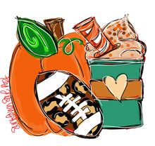 Load image into Gallery viewer, Pumpkin with football and coffee door hanger
