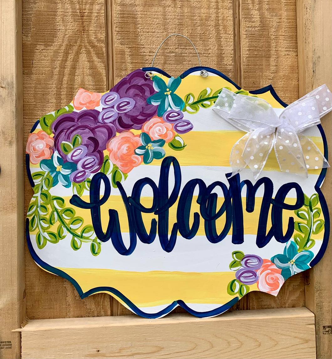 Yellow and white stripe welcome with flowers door hanger