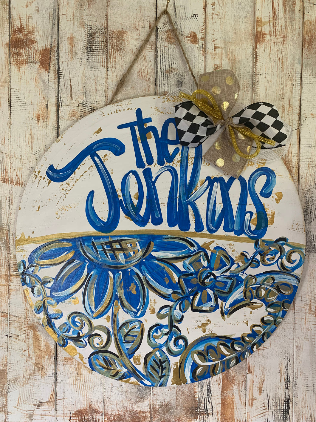 Blues and gold personalized door hanger