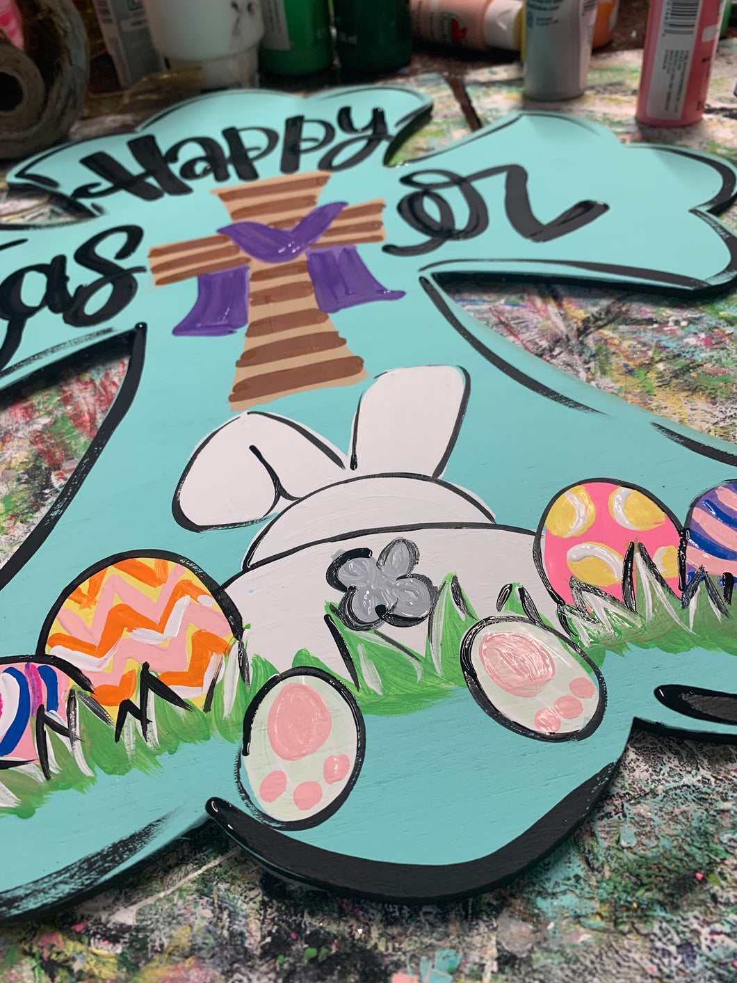 Happy Easter Cross with bunny door hanger